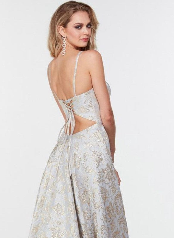 Alyce Paris Long Jacquard Gown With Plunging Neckline