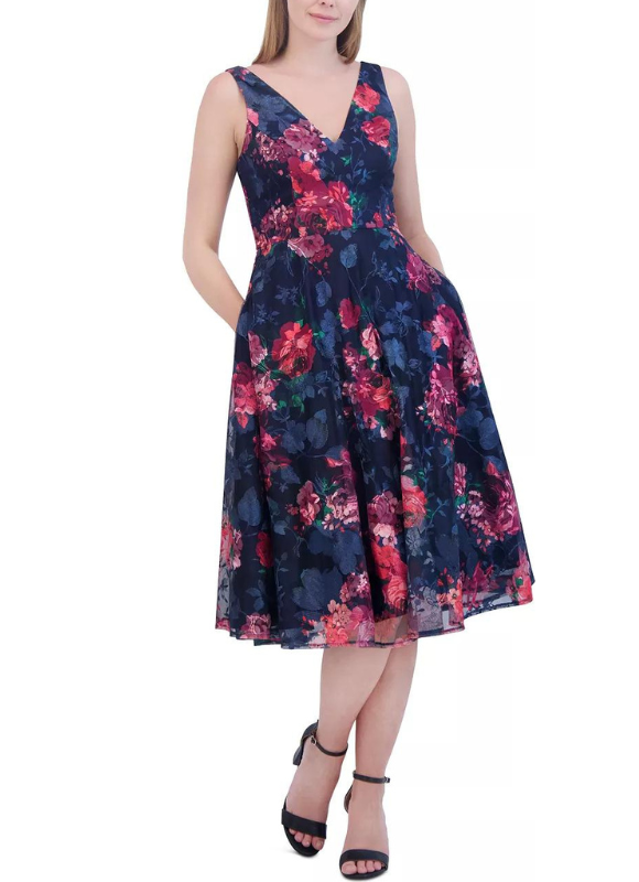 eliza j floral fit and flare dress Eliza J Floral Dress Fit & Flare Midi Maxi Chiffon High Low Long Sleeve Size 4