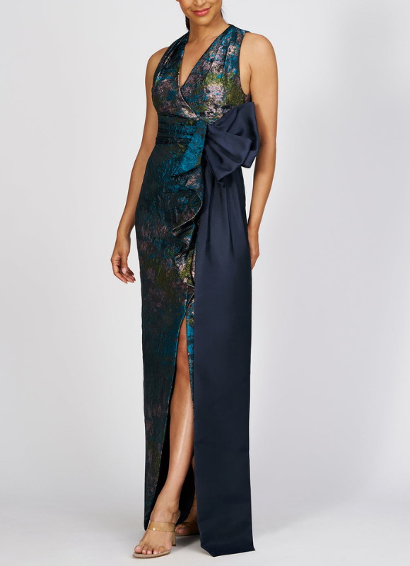 Kay Unger Women's Rachel Jacquard Tie-Waist Column Gown - Blue Sea