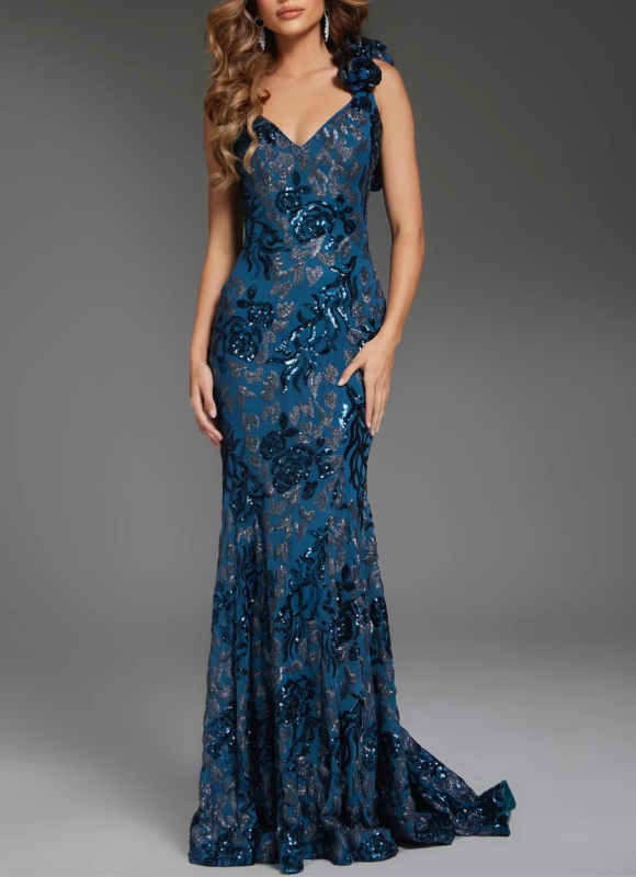 Jovani Floral Embellished Gown with One-Shoulder Ruffle