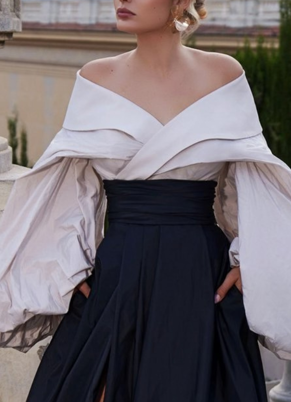 Terani Couture Off-Shoulder Taffeta Mock 2-Piece Gown with Puff Long Sleeves and Slit