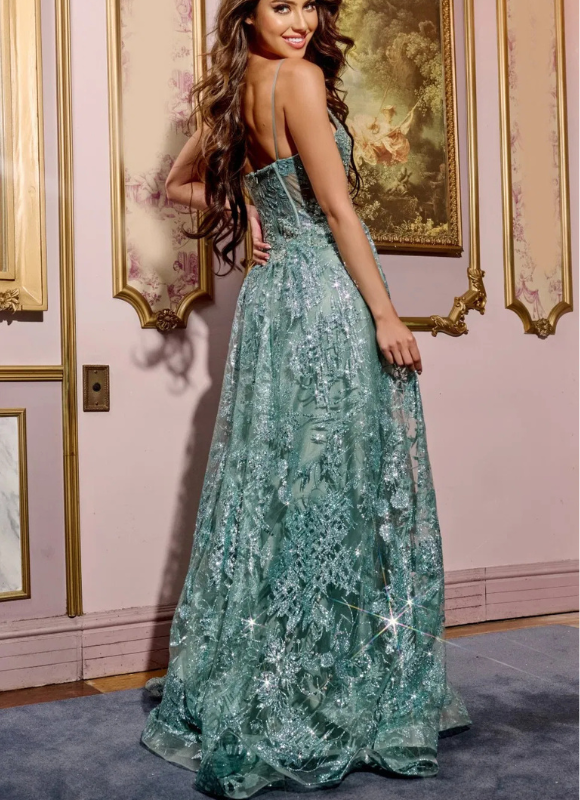 Jovani Spaghetti Strap A-Line Gown with Embellished Bodice