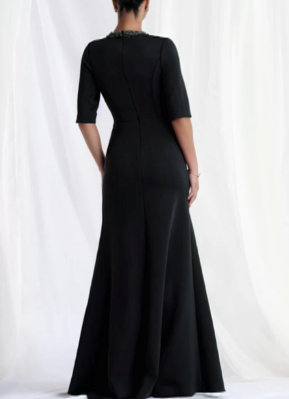 MGNY by Morilee Beaded V-Neck Scuba Knit Evening Gown