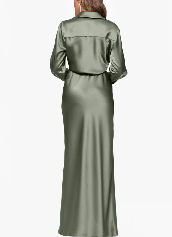 Xscape Emery Long Satin Long Sleeve Collared Dress