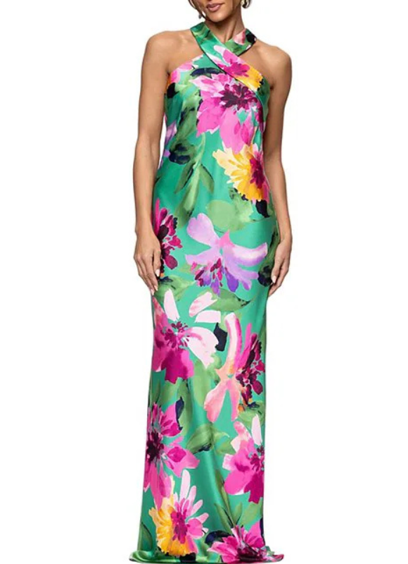 Xscape Halter Long Floral Print Satin Tie Neck Dress, Womens, 10, Green Multi Xscape Halter Long Floral Print Satin Tie Neck Dress, Womens, 10, Green Multi