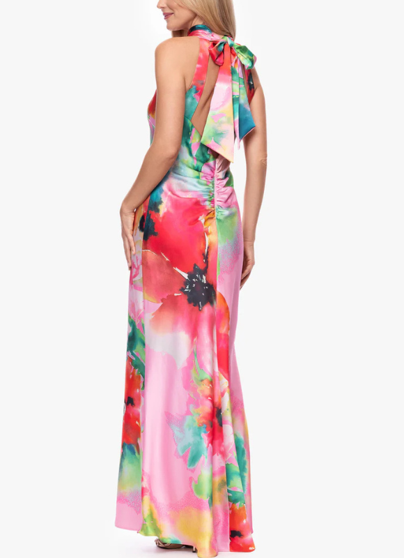Xscape Poppy Print Satin Halter Floor Length Dress