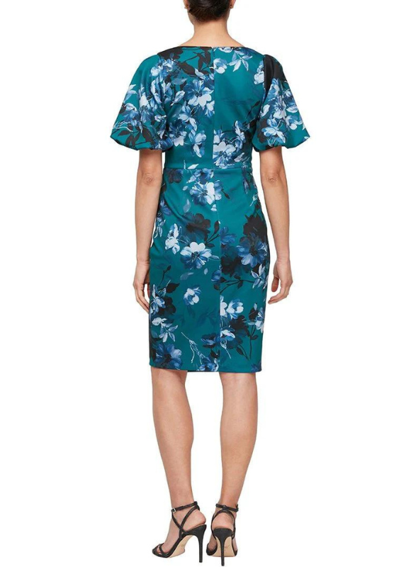 Alex Evenings Short Printed Sheath Dress With Square Neckline & Puff Sleeve Detail