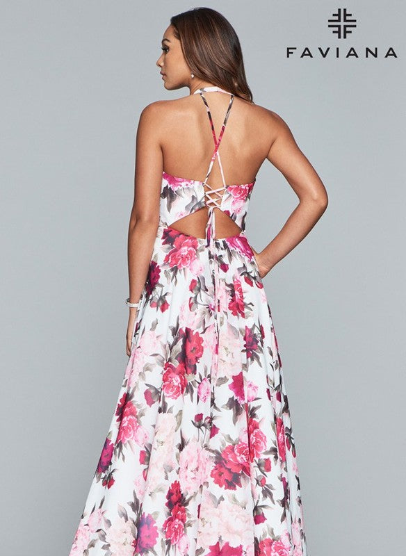 Faviana Floral Halter Chiffon Dress