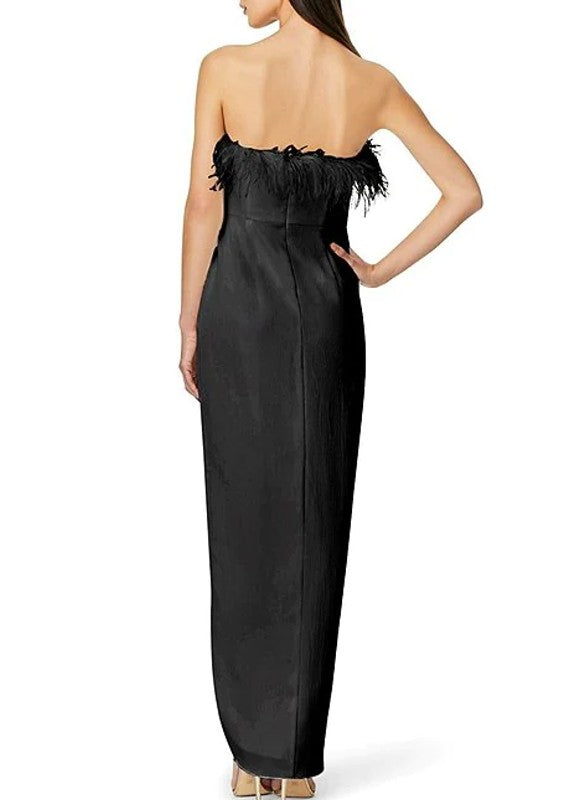 Aidan Mattox Strapless Feather Trim Faux Wrap Satin Dress