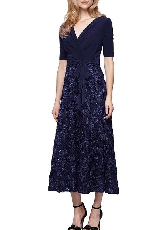 Alex Evening Floral Rosette Skirt Surplice V-Neck Tie Midi Dress