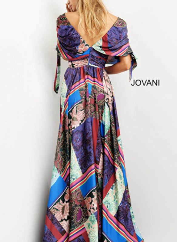 Jovani Long Printed Contemporary Dress With Cape Sleeves