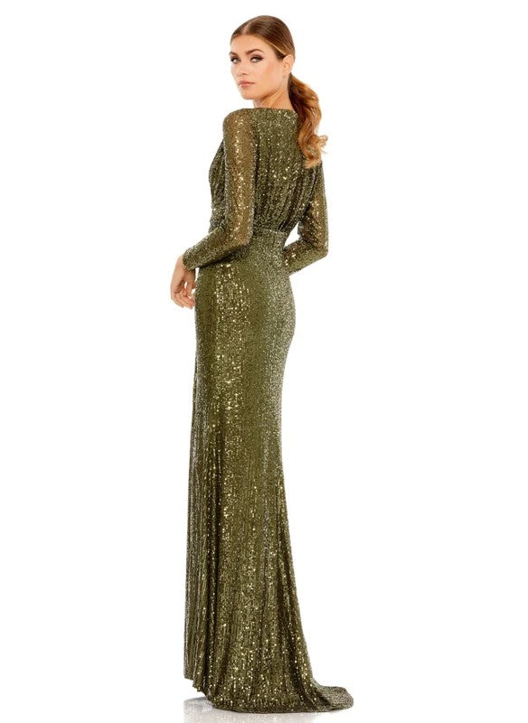 Mac Duggal Long Sleeve Ruched Faux Wrap Sequin Gown