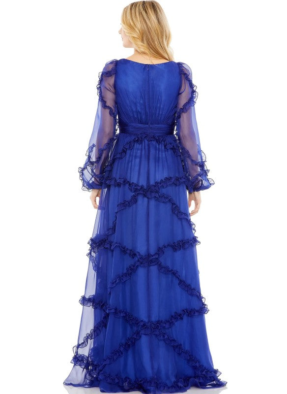 Mac Duggal Cascading Ruffle Puff Sleeve A-Line Gown