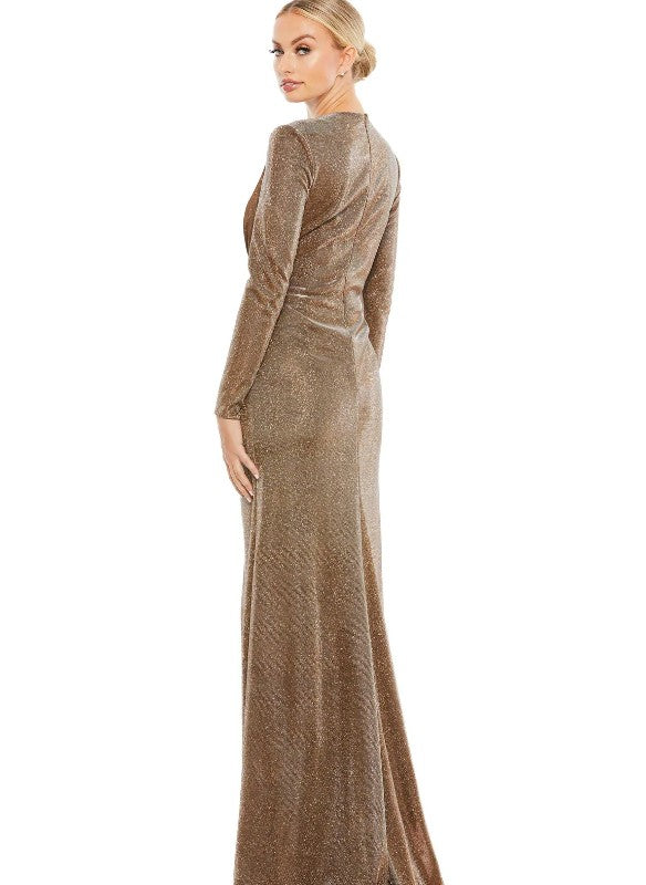 Mac Duggal Metallic Twist Front Plunging Long Sleeve Gown