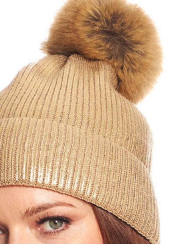 Fabulous Furs Silver Metallic Knit Faux Fur Pom Hat