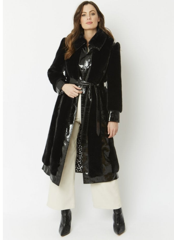 Jayley Collection Faux Fur & Faux Leather Crocodile Effect Panelled Trench Coat
