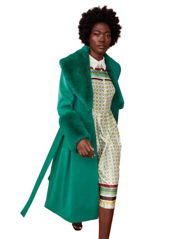 Jayley Collection Trench Style Belted Coat with Faux Fur Cuffs and Collar