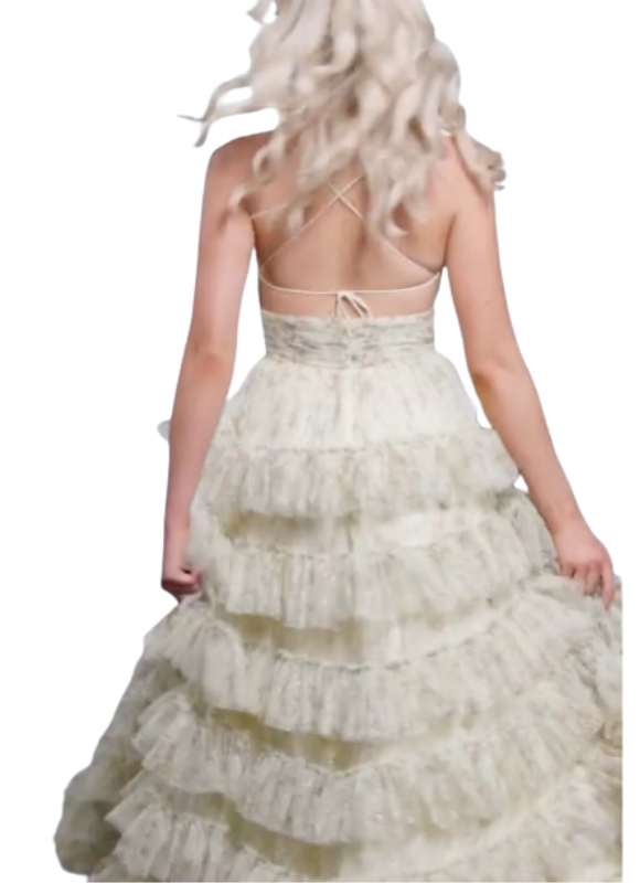 Jovani Floral Print Layered Ruffle Gown