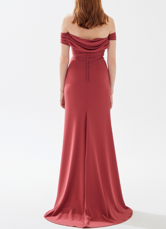 RG2 By Tarik Ediz Draped Off Shouldered Dress with High Slit
