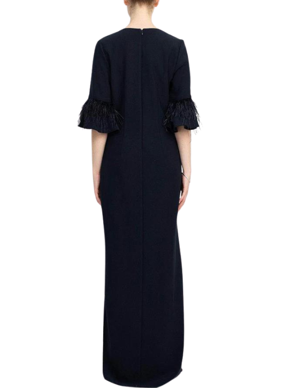 Aidan Mattox by Adrianna Papell V-Neck Column Dress With Feather Detail Sleeves