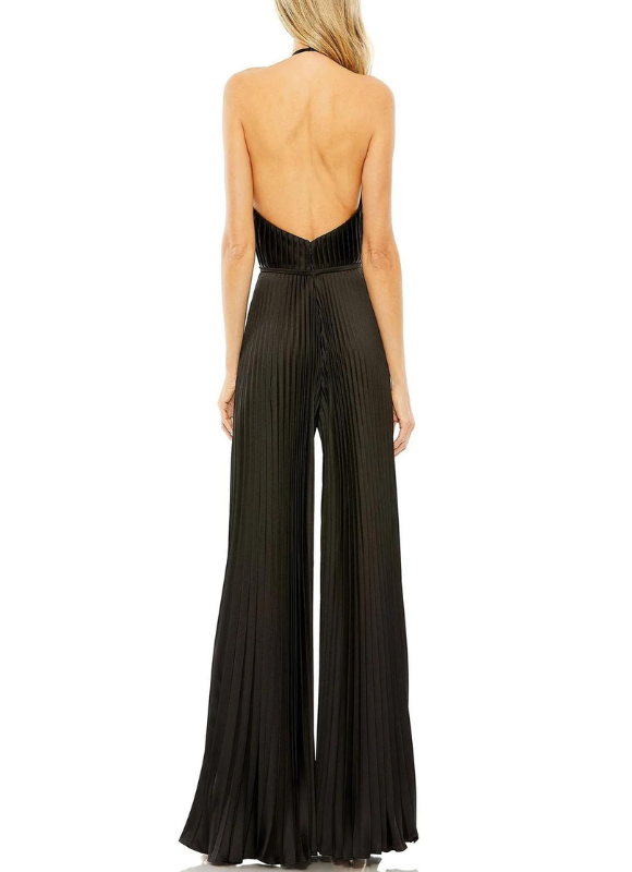 Ieena for Mac Duggal Halter Neck Keyhole Detail Pleated Jumpsuit