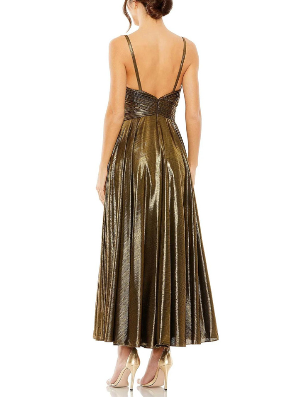 Ieena for Mac Duggal Sleeveless V Neck Pleated Top Metallic Dress