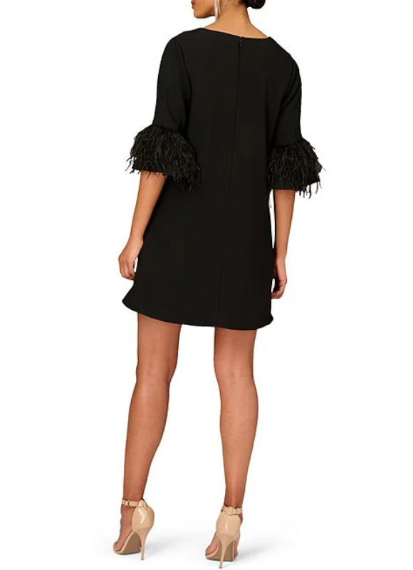 Aidan Mattox by Adrianna Papell V-Neck 3/4 Sleeve Feather Trim Trapeze Dress
