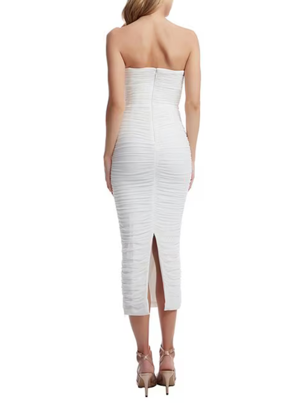 Dress The Population Ferra V-Neck Sleeveless Ruched Midi Bodycon Dress