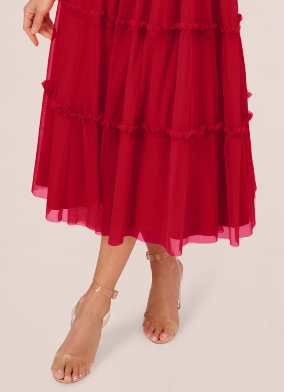 Adrianna Papell Sleeveless Midi Dress With Square Neck And Tiered Skirt