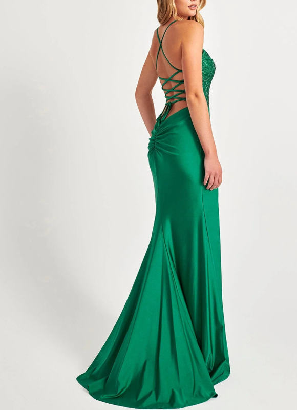 Faviana Hotfix Rhinestone Corset Satin Dress