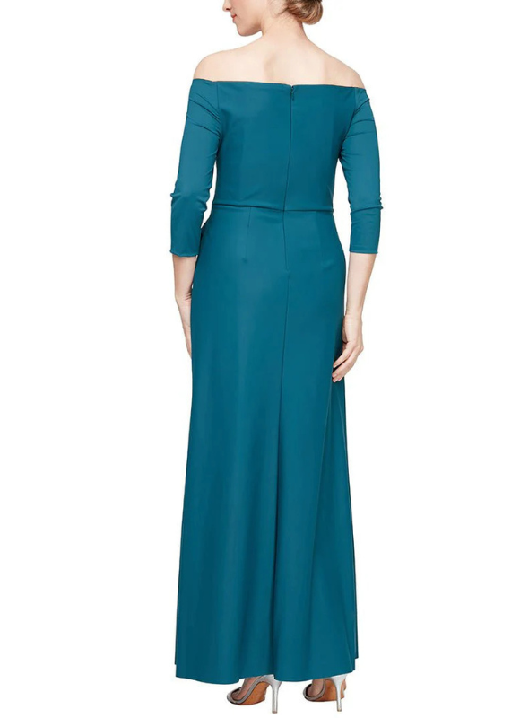 Alex Evenings Long Off the Shoulder Compression Dress With Front Cascade Detail Skirt