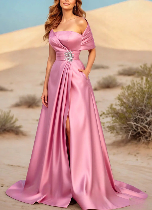 Terani Couture Matte Satin A-line One Shoulder Long Dress