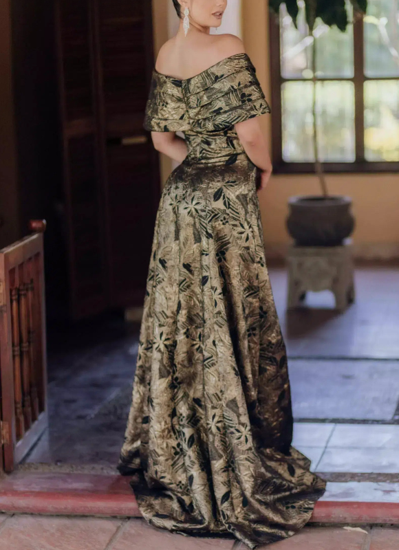 Terani Couture Long A-line Off Shoulder Pleated Dress