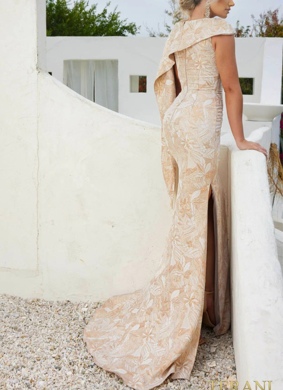 Terani Couture Asymmetrical Jacquard Champagne Trumpet Evening Dress