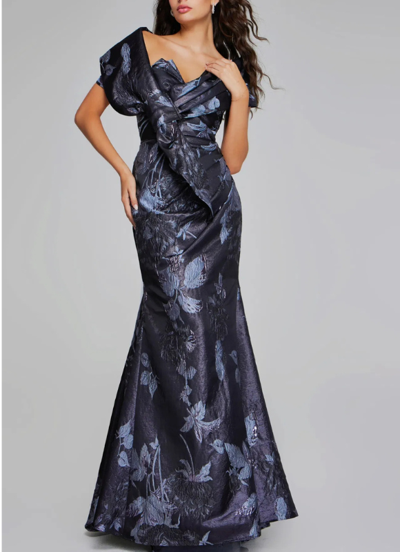 Jovani Elegant Grey Multi-Floral Gown with Asymmetrical Detailing