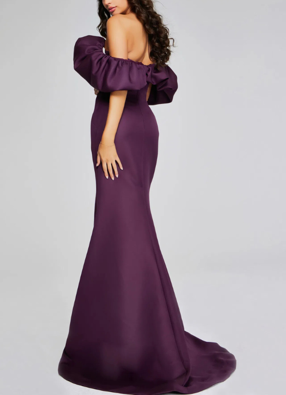 Jovani Wine Off-Shoulder Gown with Dramatic Ruffled Sleeves