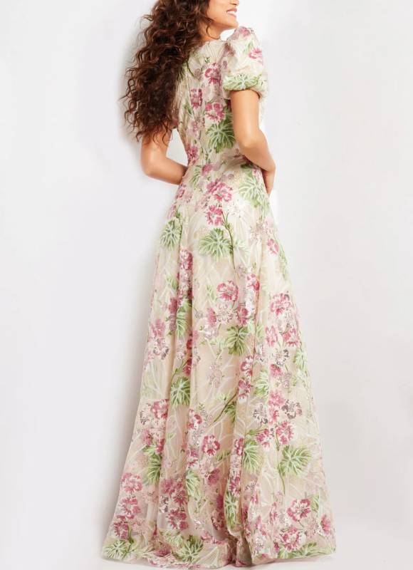 Jovani Multi Color Short Sleeve Floral Dress