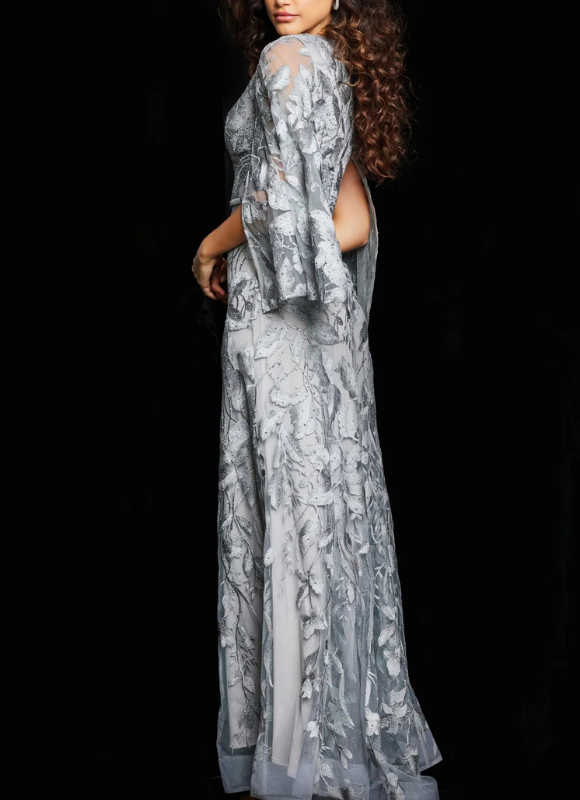 Jovani Silver Embroidered V Neck Evening Gown