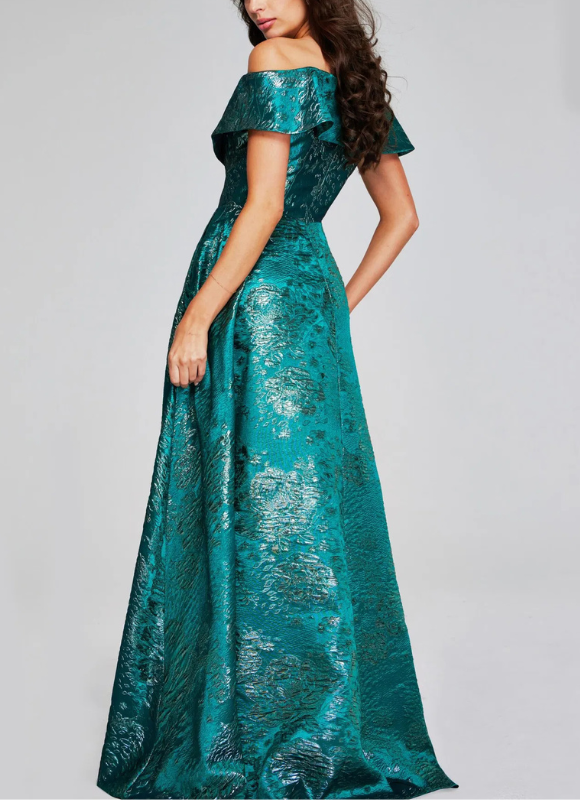 Jovani Green Off-Shoulder Gown with Textured Fabric