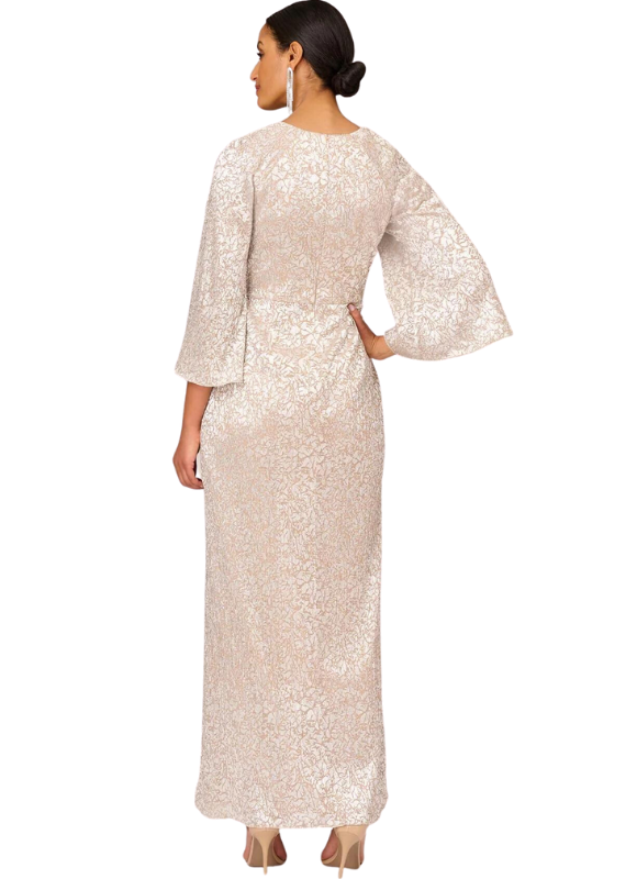 Aidan Mattox by Adrianna Papell Pleated Foiled Column Dress With Slit And Flutter Sleeves