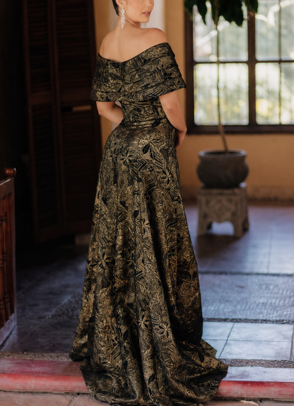 Terani Couture Long A-line Off Shoulder Pleated Dress