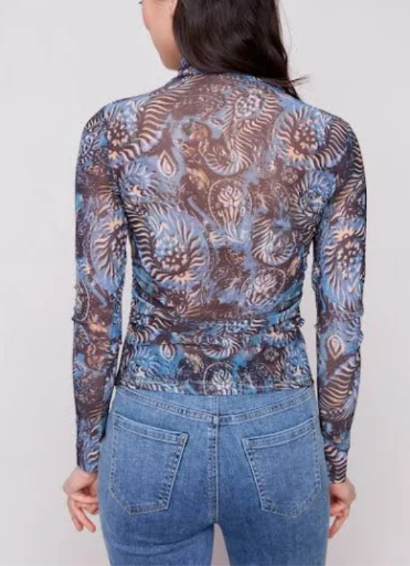 Charlie B Printed Mock Neck Mesh Top