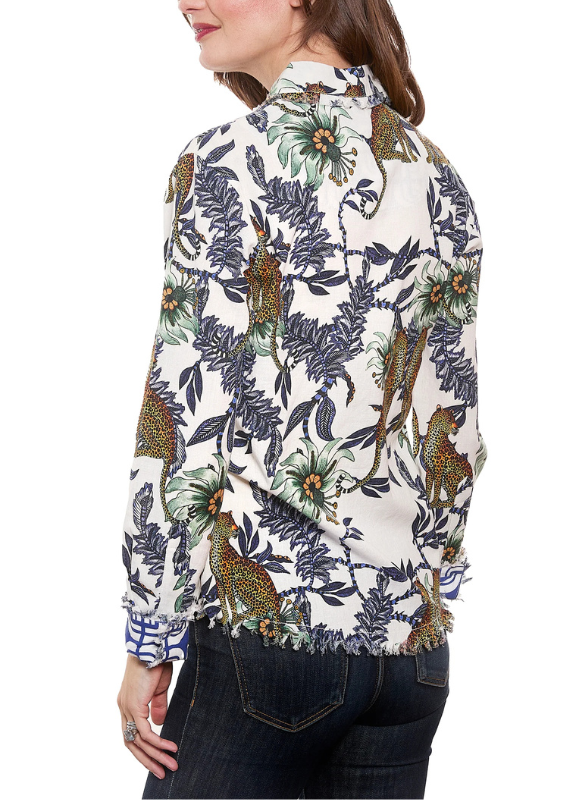 Dizzy Lizzie Cape Cod Top Cheetahs and Floral On Ivory Cotton Linen Ground
