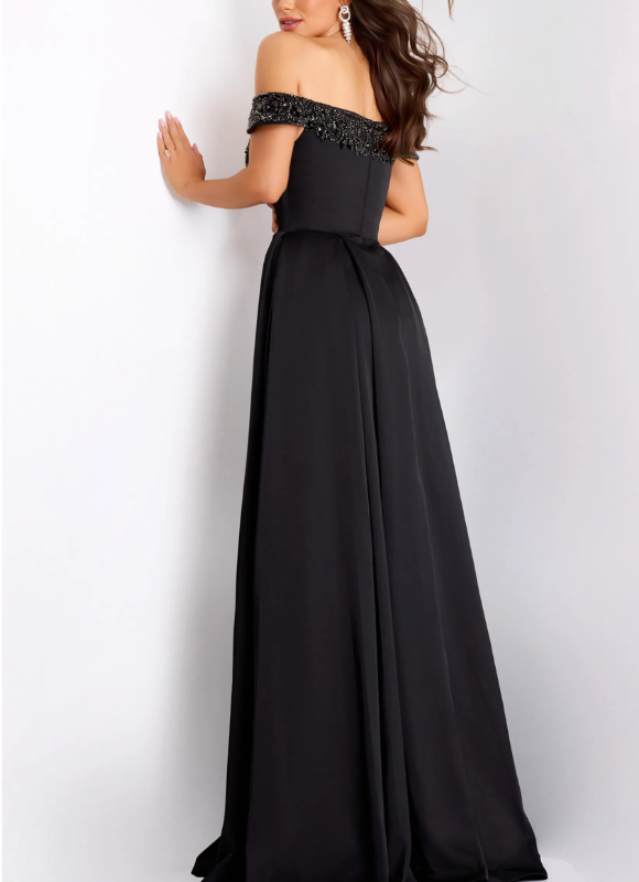 Jovani A-Line Gown With Beaded Neckline and High Slit