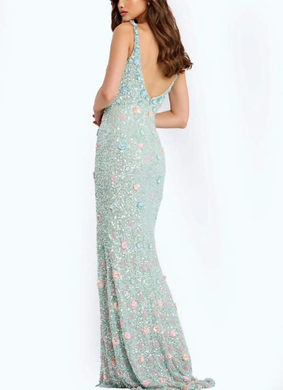 Jovani V Neck Sequin Floral Prom Dress With Slit