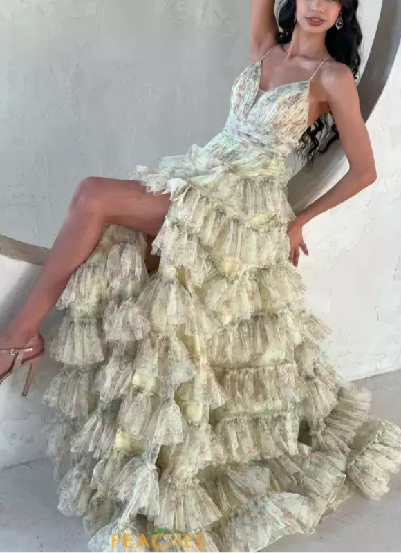 Jovani Floral Print Layered Ruffle Gown