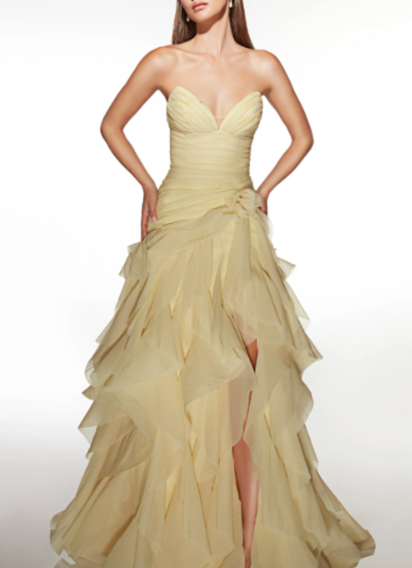 Alyce Paris Long V-Neckline Ruffles A-Line Dress