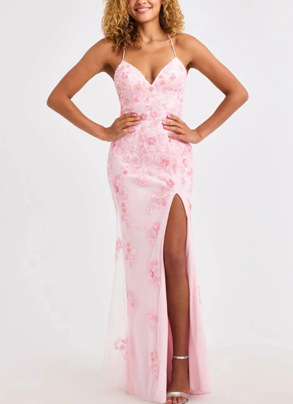 Faviana Long V-Neck Dress With Floral Beaded Appliqué