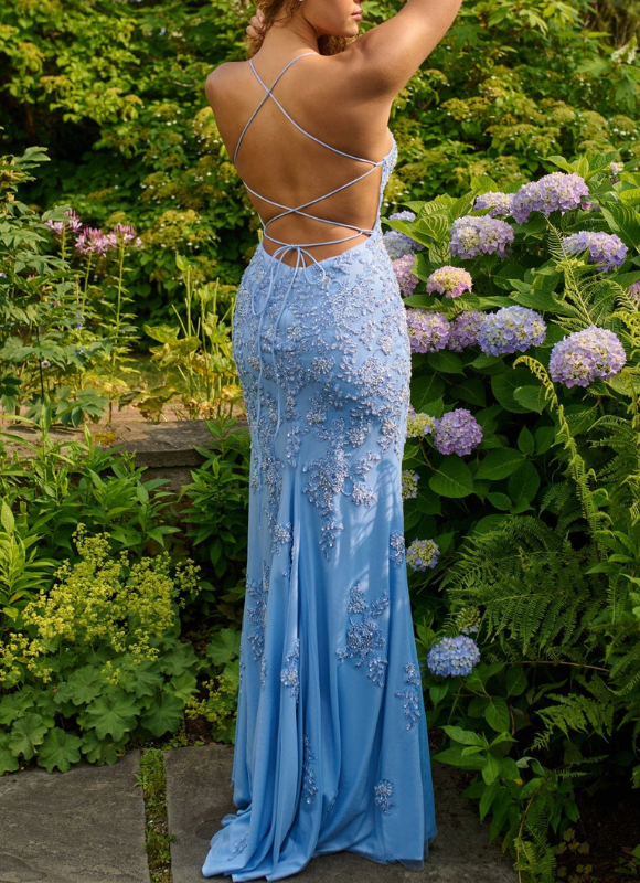 Faviana   Scoop Neck Tulle And Beading Long Dress With Lace-Up Back