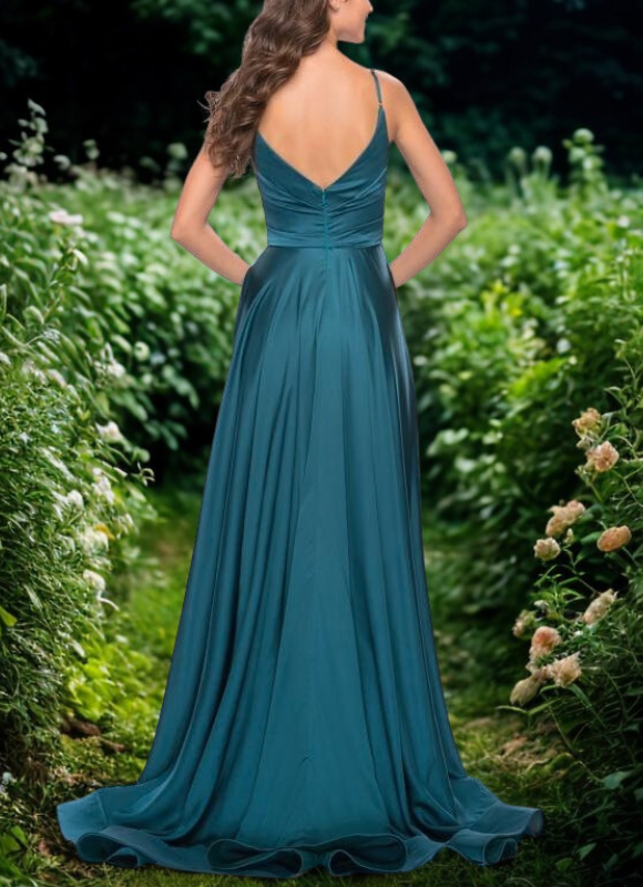 La Femme Satin A-Line Dress With Side Slit